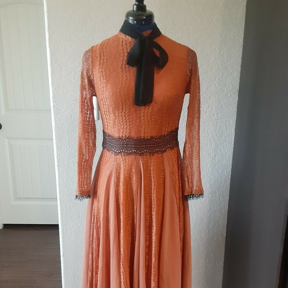 HJW Huang Jin Wu Orange A-line Dress with Black Bow, Lace Details US XS or S